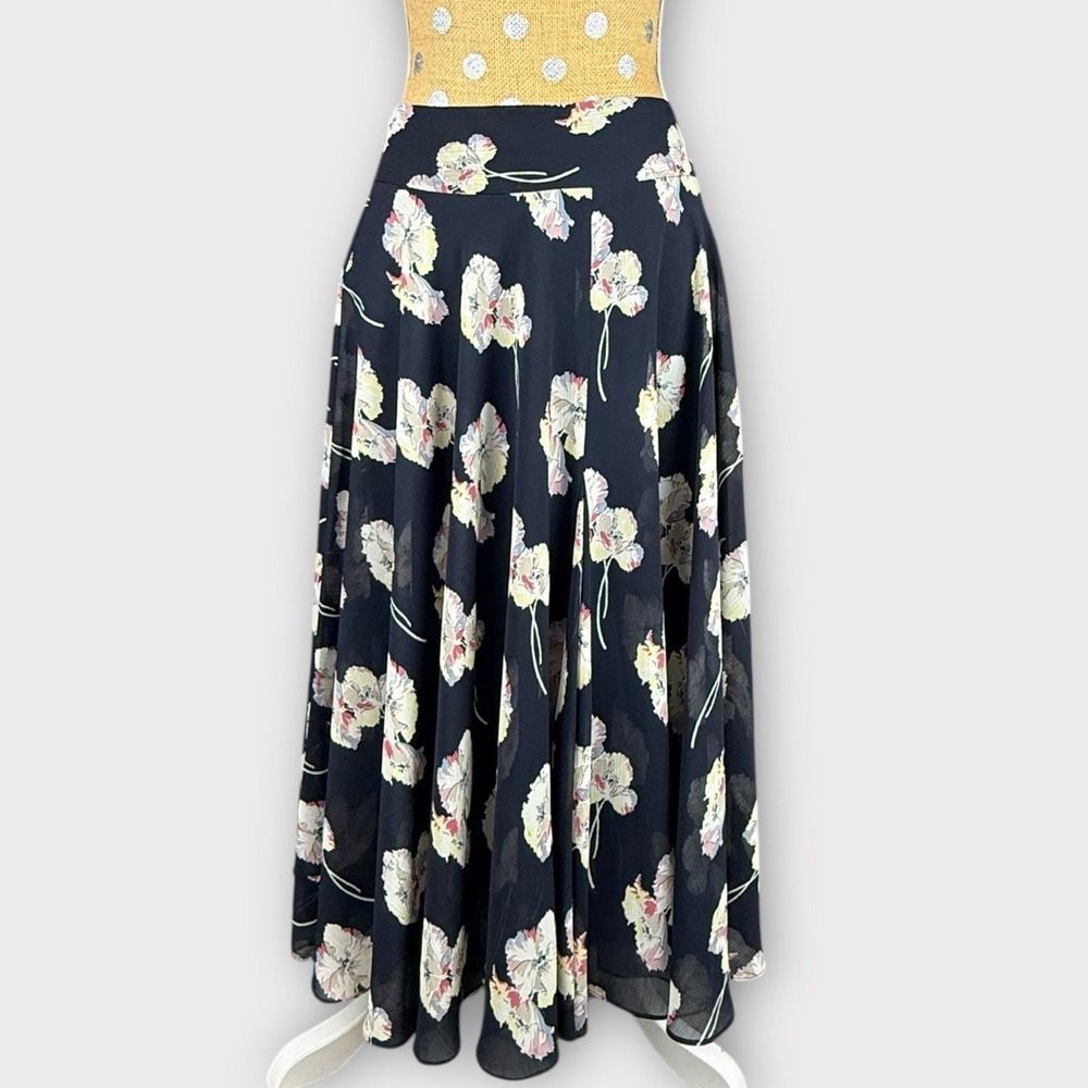 Ann Taylor Navy Blue Floral Chiffon Maxi Skirt Size 4 Pleated Flowy Poppy Print
